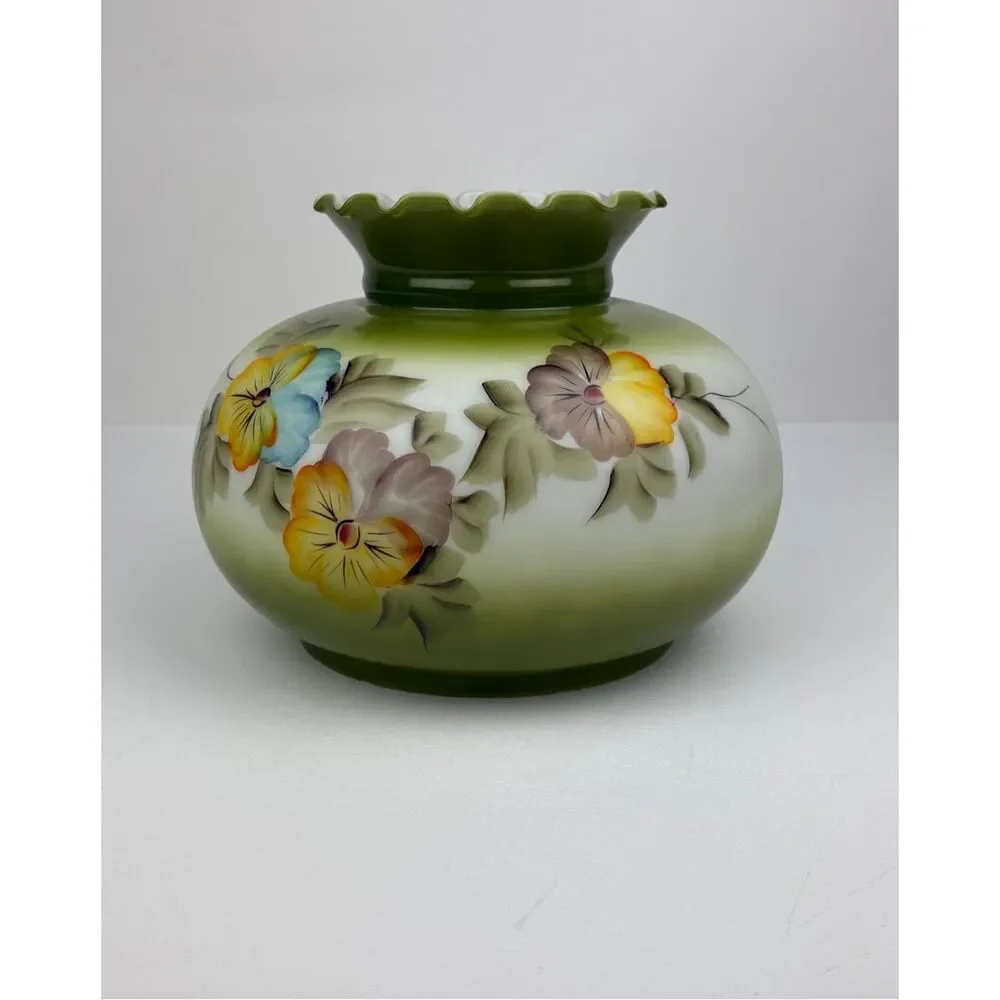 Vtg GWTW Glass Lamp Shade Hand Painted Green Floral Ruffled Top, 7